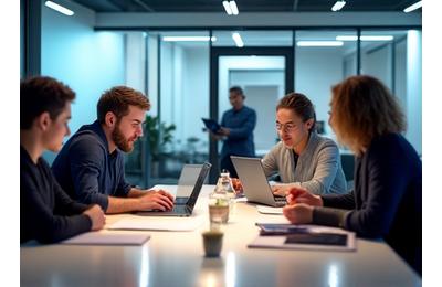 Diverse professionals collaborating in a modern office.