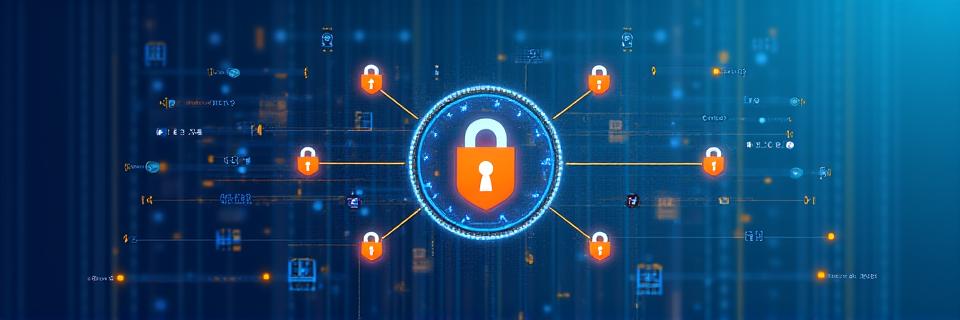 Abstract illustration representing data security and privacy, with digital shields and lock icons.