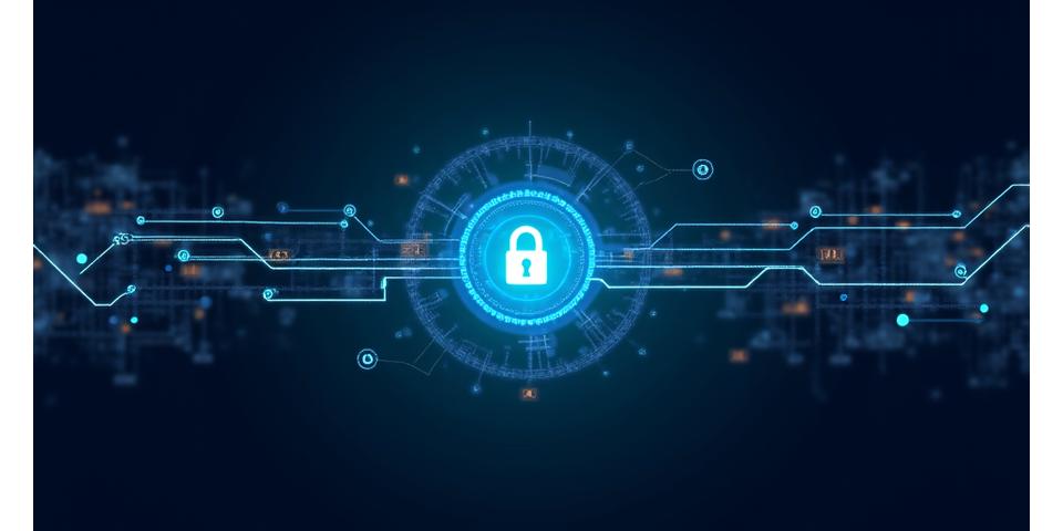 Digital representation of secured data transfer over a network, with encryption symbols.