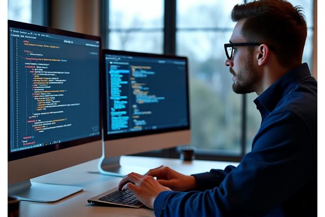 Developer working on a virtual learning platform with code and design elements